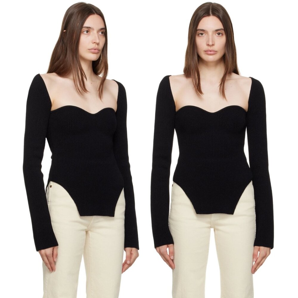 KHAITE Maddy Bustier Top Black Ribbed Knit Sweetheart Neckline Long Sleeves